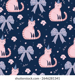 Seamless vector birthday pattern with pink cats, bows, flowers, and confetti. Cute playful girly background.