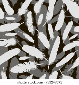 Seamless vector black background with gray and white feathers