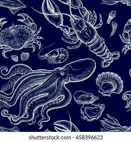 Seamless vector black background with variety of marine animals.