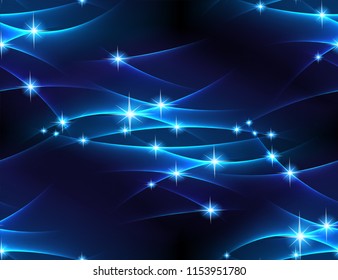 Seamless vector black blue abstract shining background of highlights of light and intertwining of light rays.