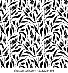 Seamless vector black floral pattern. Elegance background with flowers and wavy long leaves. Meadow and feminine motif. Retro style design for fashion , fabric, web, wallpaper ,wrapping 