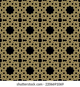 Ornamento vectorial transparente negro y dorado al estilo árabe. Fondo abstracto geométrico. Parrilla con patrón para papeles pintados y fondos