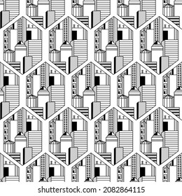 Nahtlose Vektorgrafik schwarz-weiß Muster mit Stadtlandschaften in Hexagonen. Geometrische minimale Kunst, Art-Deco-Stil. Gebäude, Wolkenkratzer. Stadt