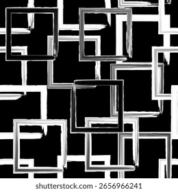Seamless vector black and white abstract pattern with overlapping square frames in brushstroke style. Perfect for modern designs, textiles, packaging, or digital backgrounds.