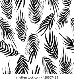 The seamless vector black and white abstract pattern with palm leaves. The creative monochrome hand drawn background for your design. Textile, blog decoration, banner, poster, wrapping paper.