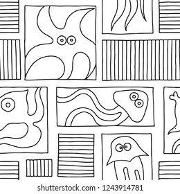 Seamless vector black and white background with hand drawn decorative childlike fish, jellyfish, octopus, starfish. Graphic illustration. Print for wrapping, wallpaper, background, surface, packaging