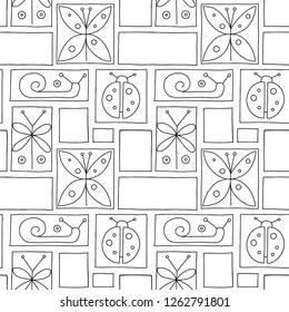 Seamless vector black and white background with hand drawn decorative childlike butterfly, ladybug, snail, dragonfly. Graphic illustration. Print for wrapping, wallpaper, background, packaging