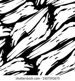 Seamless vector black and white background. Wide white brush strokes on a black background. Acrylic paint, liquid. Spilled dirt, oil. Template for art studio, creative team. Animal print. Zebra skin.