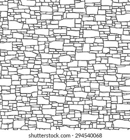 Seamless vector black and white background of stone wall ancient building with different shapes bricks (drawn by ink).