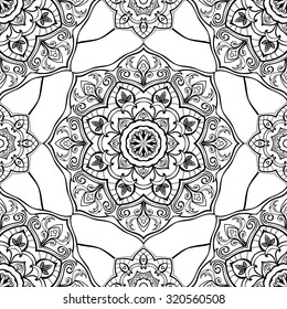 Seamless vector black and white background. Oriental ornament of mandalas. Medieval pattern of round elements. Template for the carpet. Elegant ornament for embroidery.