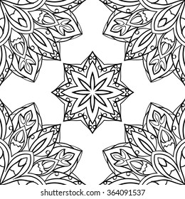Seamless vector black and white background. Eastern ornament of mandalas. Template for textiles, wallpaper and any surface.