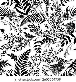 Seamless vector black and white baton pattern with branches and leaves for textiles