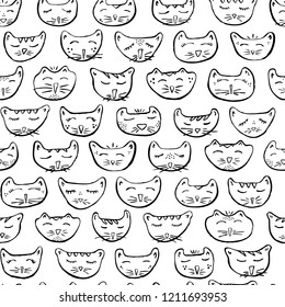 Seamless Vector Black & White Coloring Book Sleepy Kitty Cat Characters Repeat Pattern. Great for Halloween, fall, cat lovers, parties, fabric, home decor, textiles, paper crafting, and stationery.