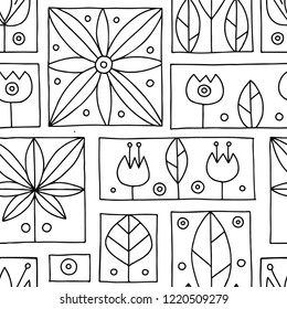 Seamless vector black and white decorative hand drawn pattern with geometrical motifs, flowers. Graphic vintage design. Print for wrapping, wallpaper, surface, packaging. 