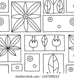 Seamless vector black and white decorative hand drawn pattern with geometrical motifs, flowers. Graphic vintage design. Print for wrapping, wallpaper, surface, packaging. 