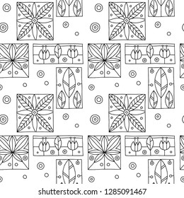 Seamless vector black and white decorative hand drawn pattern with geometrical motifs, flowers. Graphic vintage design. Print for wrapping, wallpaper, surface, packaging.