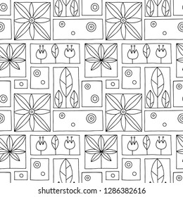 Seamless vector black and white decorative hand drawn pattern with geometrical motifs, flowers. Graphic vintage design. Print for wrapping, wallpaper, surface, packaging.