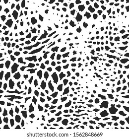Seamless vector black and white fur pattern. Stylish fashionable wild leopard cheetah print. Animal print background for fabric, textile, design, advertising banner.