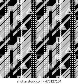 Seamless vector black, white grey geometrical pattern. Endless background with different hand drawn geometric figures.