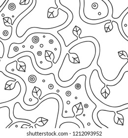 Seamless vector black and white hand drawn pattern with branch, leaves, dots. Abstract infinite tree. Graphic colorless illustration. Print for fabric, background, wallpaper, packeging, wrapping