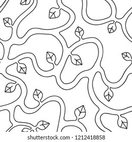 Seamless vector black and white hand drawn pattern with branch, leaves. Abstract infinite tree. Graphic colorless illustration. Print for fabric, background, wallpaper, packeging, wrapping