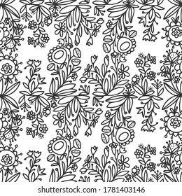 Nahtlose Vektorgrafik, schwarz-weiß, Muster von mit Zierelementen gesäumten abstrakten Blumen. Das Design eignet sich hervorragend für Kleidungsdesign, Dekoration, Standfläche, Bettwäsche, Tapeten, Hintergründe.