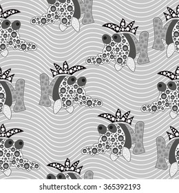 Seamless vector black and white illustration of cartoon fishes