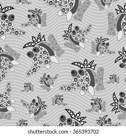 Seamless vector black and white illustration of cartoon fishes