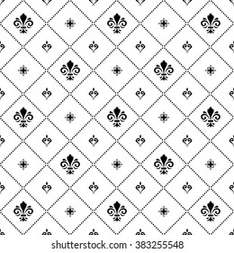Seamless vector black and white ornament. Modern geometric pattern with royal lilies