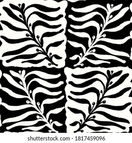 Seamless vector black and white pattern with abstract tropical palm leaves. Minimal design.