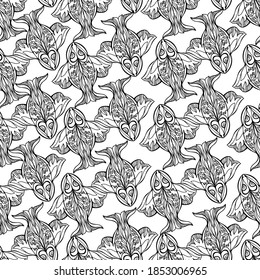 Seamless vector black and white pattern illustration design of ornamental lined pisces symbol. The design is perfect for stationary, sheets, textiles, backgrounds, advertisements, wrapping paper