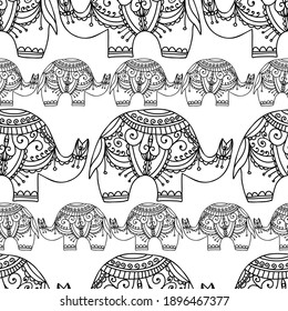 Seamless vector black and white pattern of lined elephants with ornamental decoration. The design is perfect for coloring, textiles, backgrounds, sheets, surfaces, stickers.