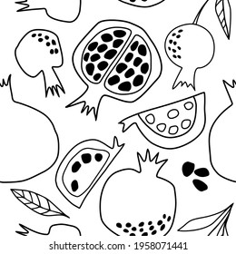 Seamless vector black and white pattern with pomegranates. Doodle fruits. For wallpaper, wrapping paper, textiles, postcards, web page backgrounds, interior decor, menus. Cartoon design.