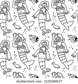 Seamless vector black and white pattern with underwater worlds. Marine repeating ornament on transparent background in doodle style. Design for wrapping paper, fabric, packaging, textiles, wallpaper.