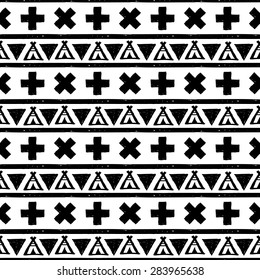 Seamless vector black and white pattern in the style of boho or hippy. Tribal elements