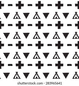 Seamless vector black and white pattern in the style of boho or hippy. Tribal elements