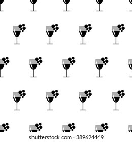 Seamless vector black and white pattern with wineglasses with  wine and bunches of grape on the white background. Series of Food and Drink Seamless Patterns.