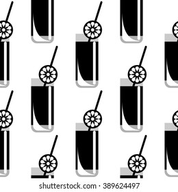 Seamless vector black and white pattern with closeup glasses with juice and oranges. Series of Food and Drink Seamless Patterns.