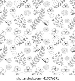 Seamless vector black and white pattern with hand drawn drawn flowers, leaves. Series of Cartoon, Doodle, Sketch and Scribble Seamless Patterns and Backgrounds. 