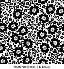 Seamless vector black and white pattern with flowers.