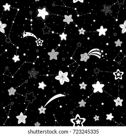 Seamless vector black and white pattern of stars, comets and constellations on a black background, hand-drawn in Scandinavian style