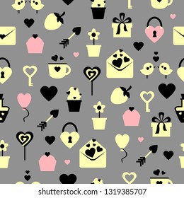 Seamless vector black, white, pink and yellow pattern with hearts, envelope, cup, birds, flowers, arrow, lock, balloon, candy, cake, gift, strawberry, key, bottle. Bright wedding wrapping paper. 