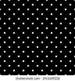 Seamless vector black and white polka dot pattern. Cute and trendy geometric circle design with a monochrome background and white dots. Perfect for fabric, wrapping paper, fashion, and graphic design.