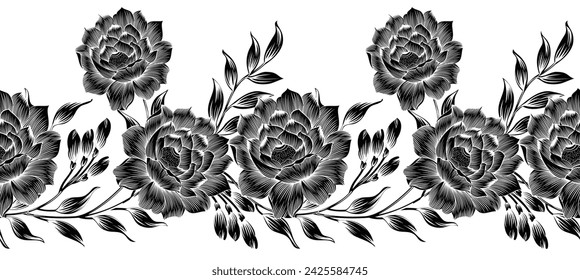 Seamless vector black and white rose flower border design