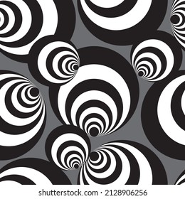 Seamless vector black and white spiral balls or black and white circle, illusion seamless pattern, dark grey background.