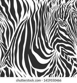 Seamless vector black and white zebra fur pattern. Stylish fashionable wild zebra print. Animal print background for fabric, textile, design, advertising banner.