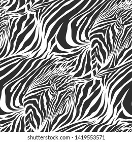 Seamless vector black and white zebra fur pattern. Stylish fashionable wild zebra print. Animal print background for fabric, textile, design, advertising banner.