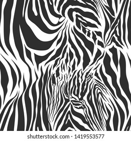 Seamless vector black and white zebra fur pattern. Stylish fashionable wild zebra print. Animal print background for fabric, textile, design, advertising banner.