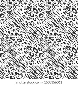 Seamless vector black and white zebra leopard fur pattern. Stylish wild leopard zebra print. Animal print background for fabric, textile, cover, wrapping etc. 10 eps design.