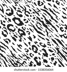Seamless vector black and white zebra leopard fur pattern. Stylish wild leopard zebra print. Animal print background for fabric, textile, cover, wrapping etc. 10 eps design.